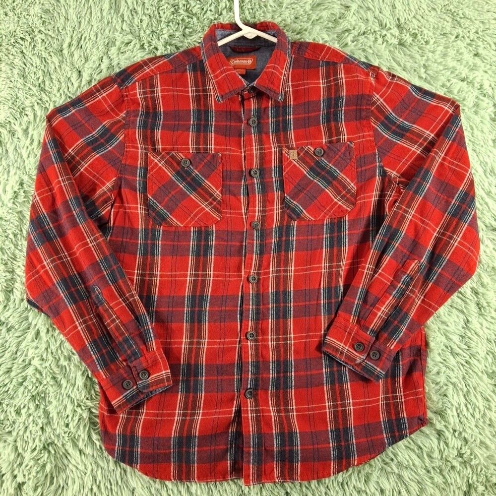 Coleman Flannel Shirt Button Up Red Plaid Large Retro Dad